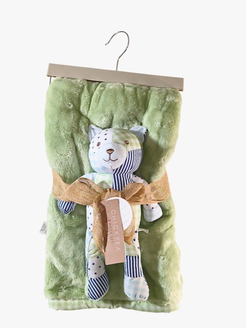 Chick Pea Patchwork Bear Green Plaid Trim Lovey Blanket Set 30" X 36" NEW